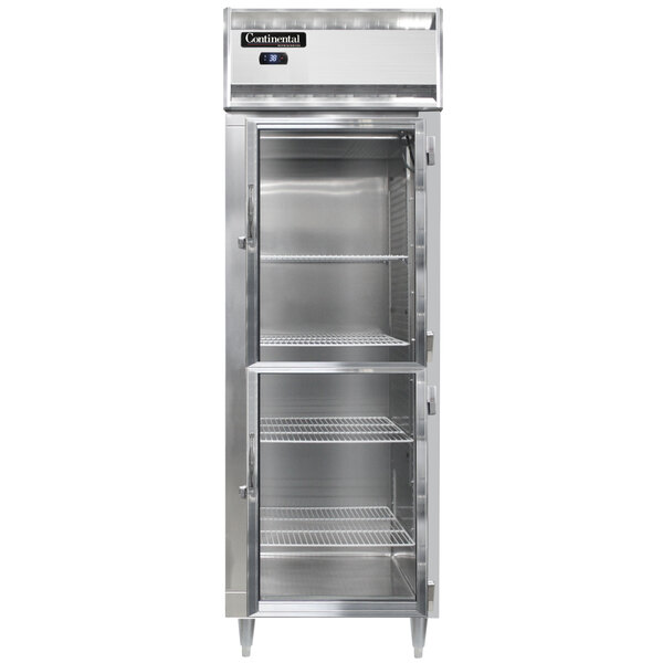 A Continental shallow depth reach-in refrigerator with half glass doors.