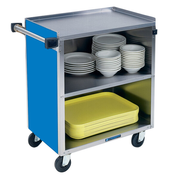 A Lakeside blue stainless steel utility cart with plates and bowls on it.
