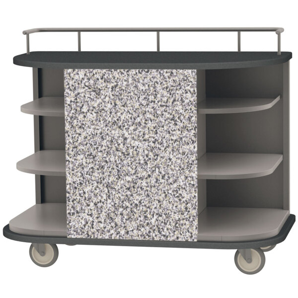 A stainless steel Lakeside serving cart with gray shelves and a gray surface.