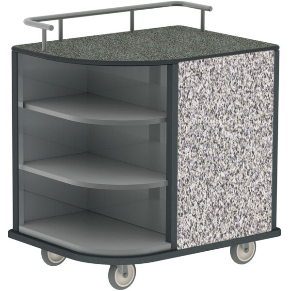 A Lakeside stainless steel self-serve hydration cart with gray and black shelves on wheels.
