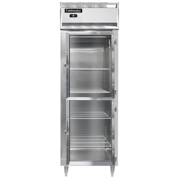 A Continental reach-in refrigerator with half glass doors.