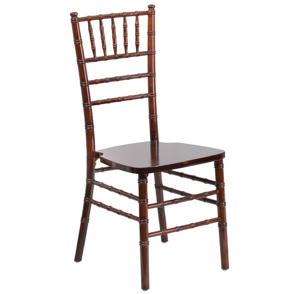 A Flash Furniture Hercules Fruitwood Chiavari hardwood stacking chair with a dark brown finish on a white background.