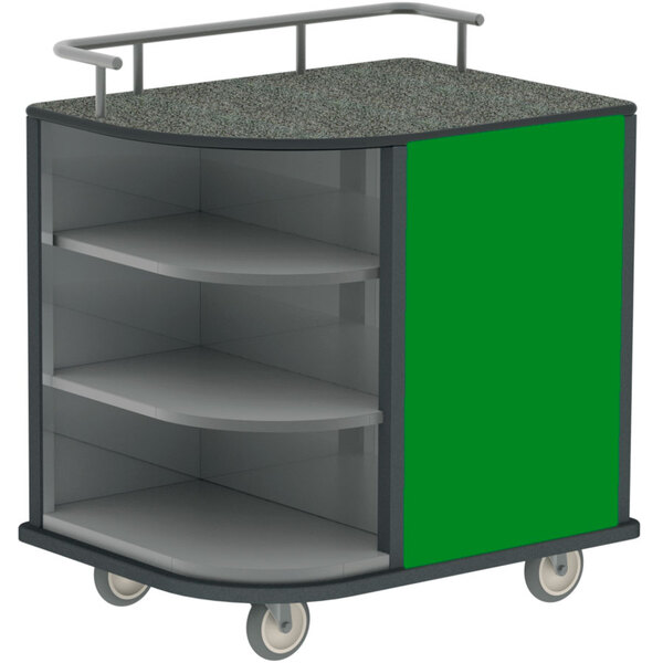 A Lakeside serving cart with green laminate shelves, grey stainless steel frame, and wheels.