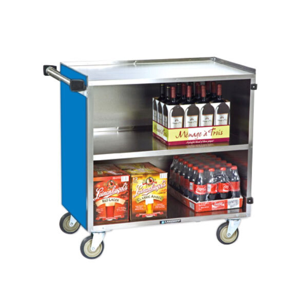 A Lakeside stainless steel utility cart with an enclosed base and blue finish holding bottles of wine and drinks.