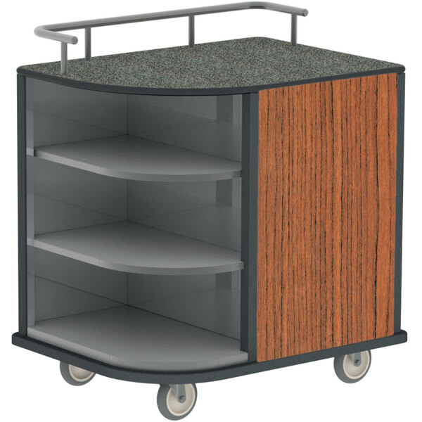 A stainless steel Lakeside self-serve cart with Victorian cherry laminate corner shelves on wheels.