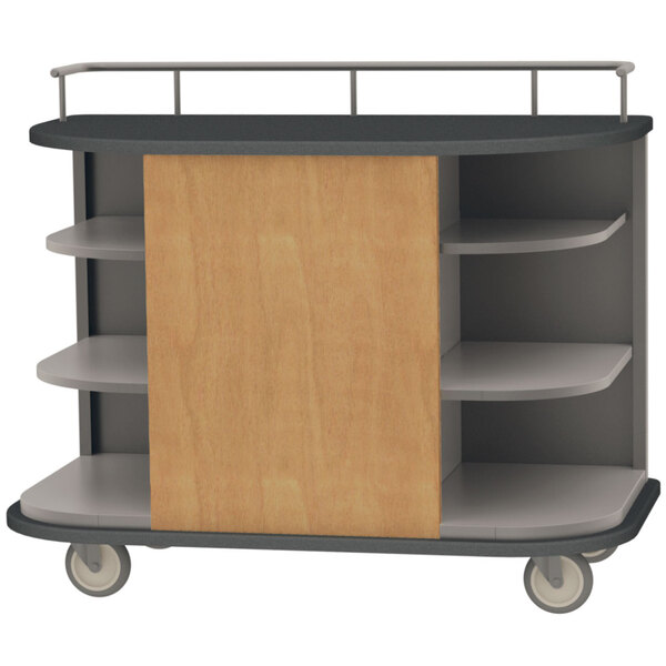 A Lakeside stainless steel self-serve hydration cart with hard rock maple laminate shelves on wheels.