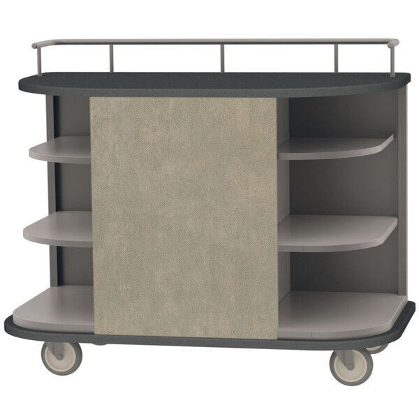 A Lakeside stainless steel self-serve hydration cart with corner shelves on wheels.
