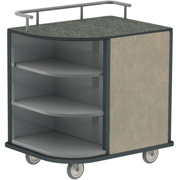 A Lakeside stainless steel self-serve compact hydration cart with beige laminate shelves on wheels.