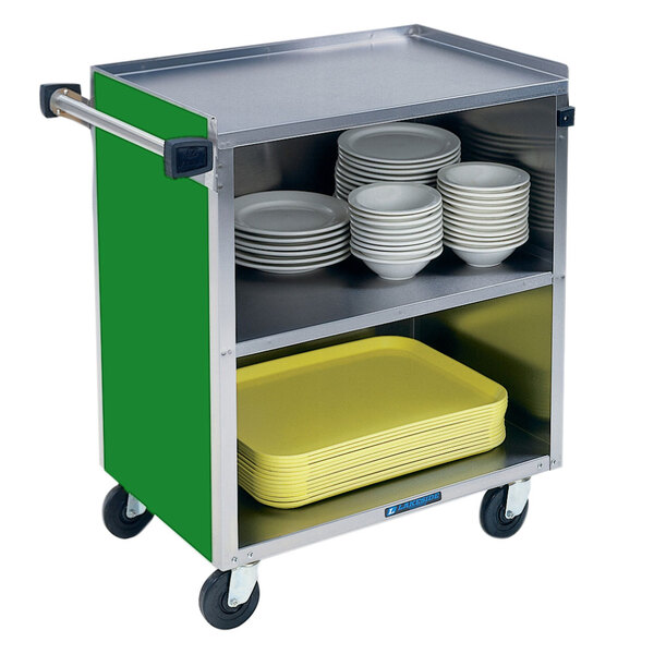 A Lakeside stainless steel utility cart with a green finish and plates on it.