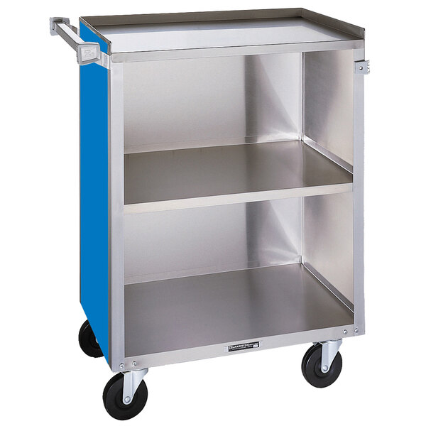 A blue Lakeside utility cart with silver shelves and black wheels.