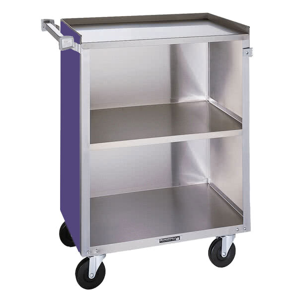 A stainless steel Lakeside utility cart with three shelves.