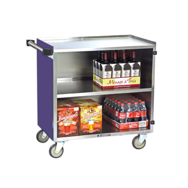 A Lakeside purple stainless steel utility cart holding bottles of wine and drinks.