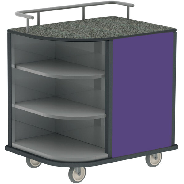 A Lakeside self-serve hydration cart with purple laminate and stainless steel shelves on wheels.