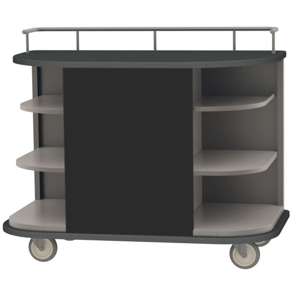 A Lakeside stainless steel self-serve hydration cart with black laminate shelves.