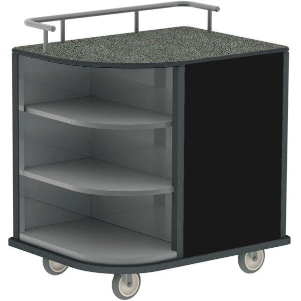 A Lakeside stainless steel hydration cart with black laminate shelves and wheels.