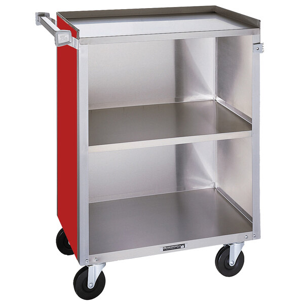 A Lakeside stainless steel utility cart with three shelves and a red finish.