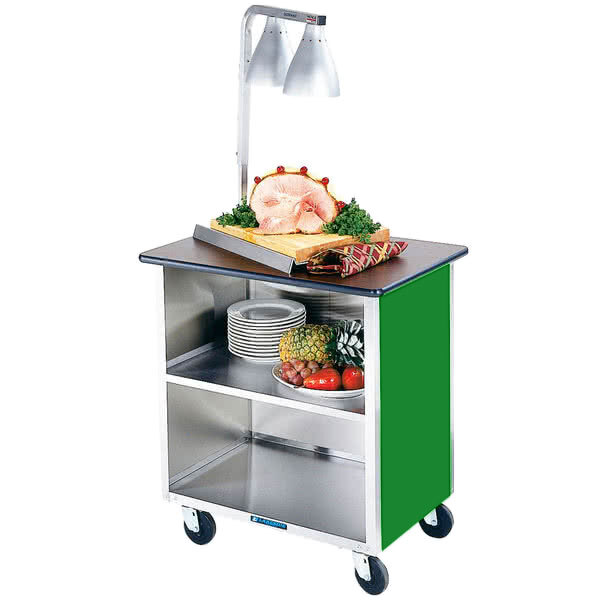 A Lakeside metal utility cart with food on top and plates on the shelves.