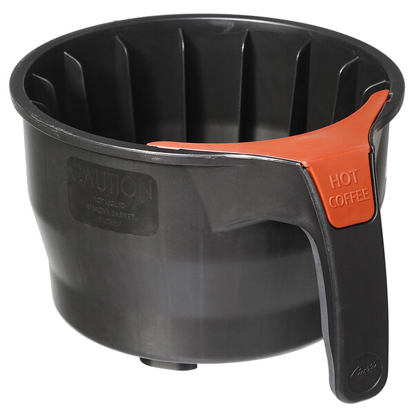 A Curtis black and orange coffee filter basket with handle.