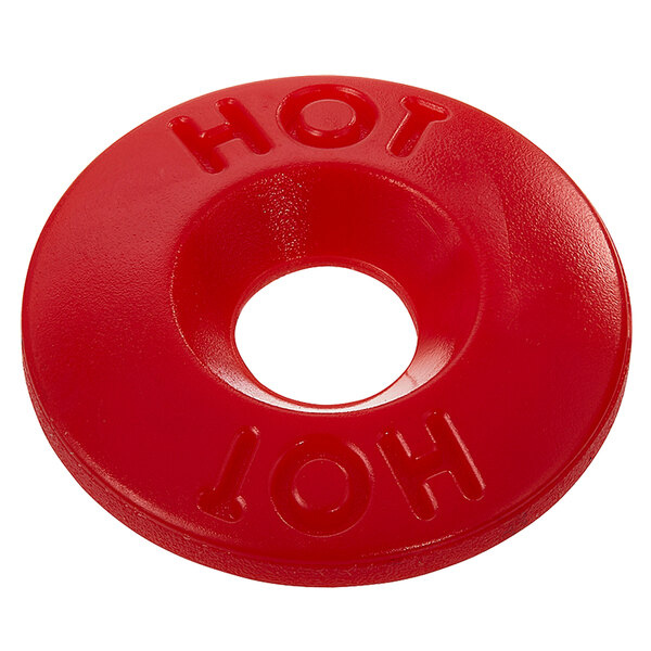 A Fisher hot red index button with a hole in the center.