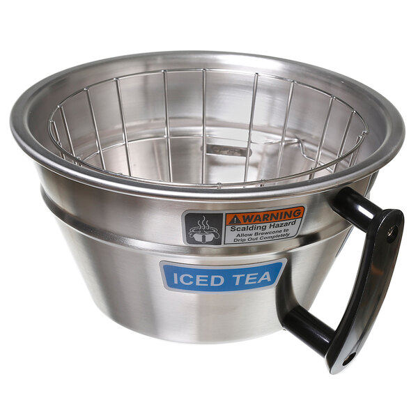 A stainless steel Curtis Tea / Iced Coffee brew basket with a handle.