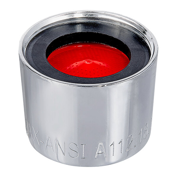 A silver cylinder with a red and silver circular cap.