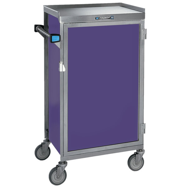 A purple Lakeside meal delivery cart with wheels and a door.