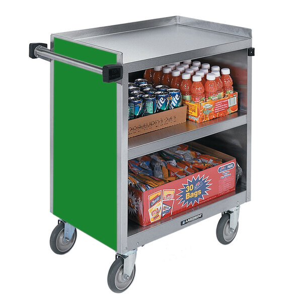 A Lakeside stainless steel utility cart with a green finish and drinks on it.
