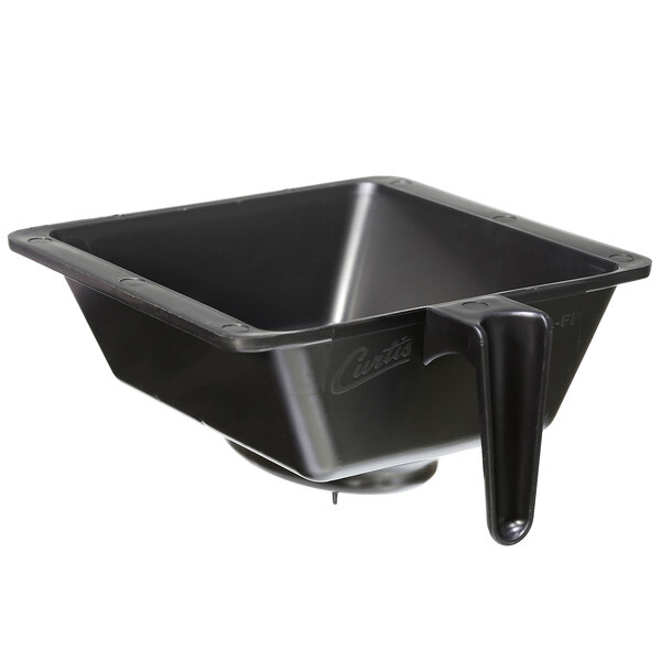 A black metal brew basket with a handle.