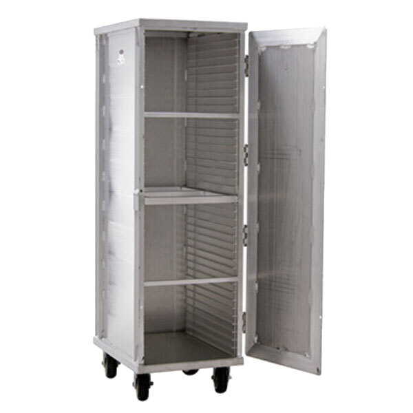 A Lakeside metal sheet pan rack with enclosed shelves on wheels.