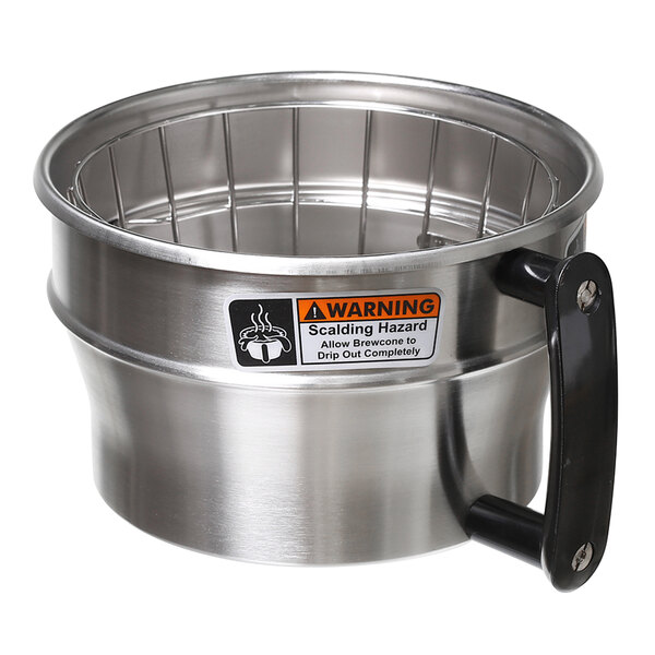 A metal brew basket assembly with a handle.