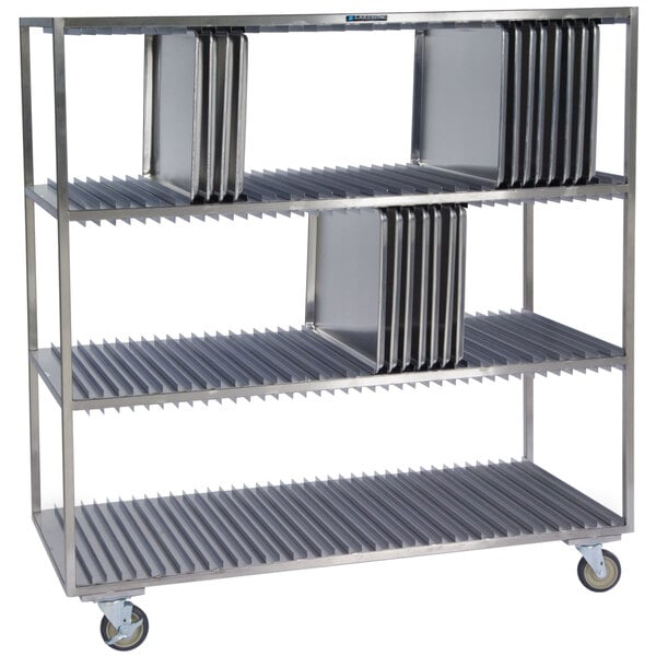 A Lakeside stainless steel sheet pan drying rack with four shelves.
