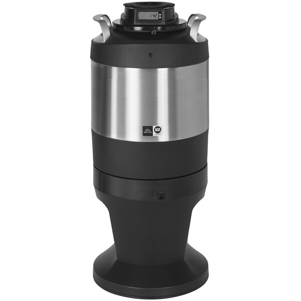 A black and silver Curtis Freshtrac coffee dispenser with a round lid.
