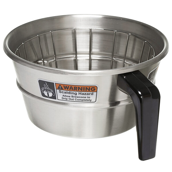 A stainless steel brew basket assembly with a handle.
