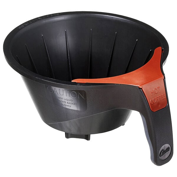 A black and orange plastic Curtis Alpha Brew basket with a handle.