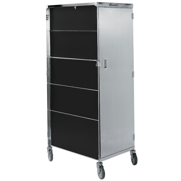 A Lakeside stainless steel and black metal cabinet with wheels.