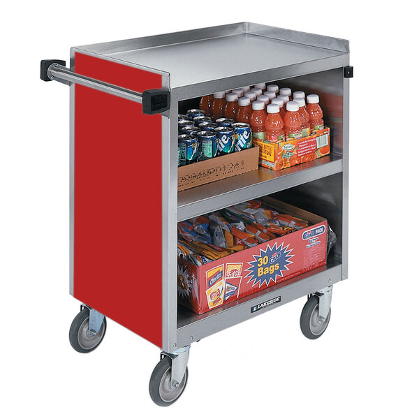 A red Lakeside utility cart filled with drinks and beverages.