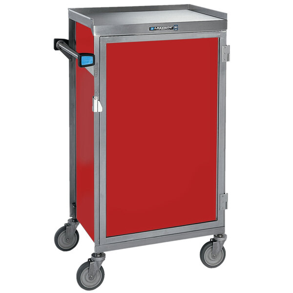 A Lakeside stainless steel meal delivery cart with red finish and wheels.