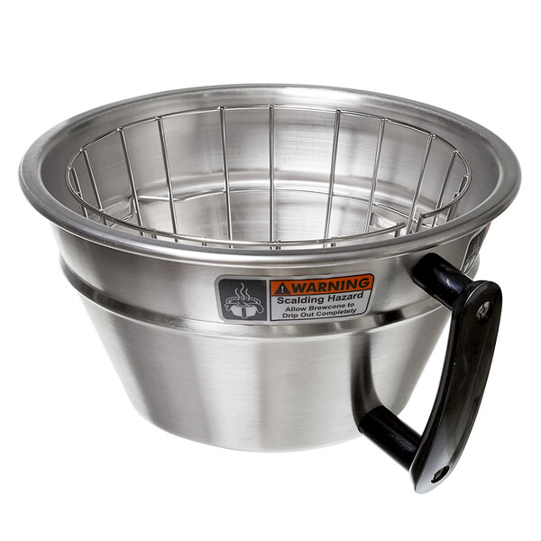 A close-up of a large stainless steel brew basket with wire basket.