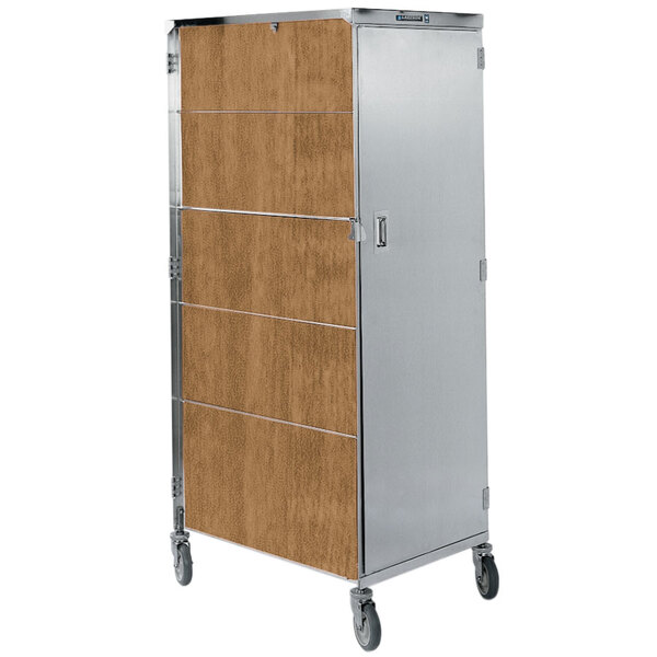 A stainless steel cabinet with light maple doors.