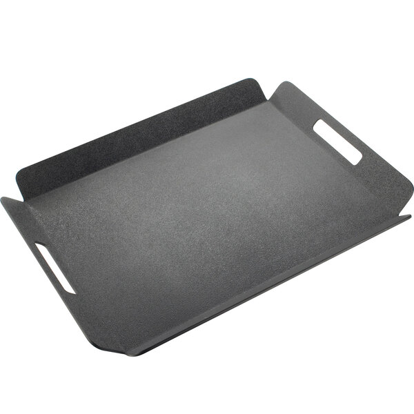 A black rectangular Cal-Mil room service tray with two handles.