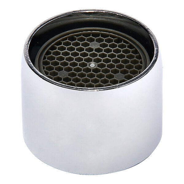 A silver and black round metal Fisher 73450 faucet aerator.