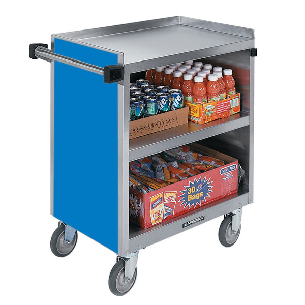 A Lakeside metal utility cart with an enclosed base and drinks and beverages on it.