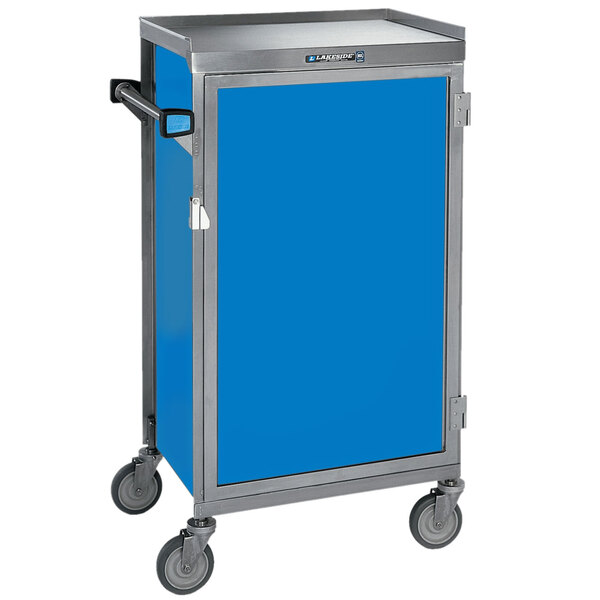 A blue and silver Lakeside meal delivery cart with wheels and a door.