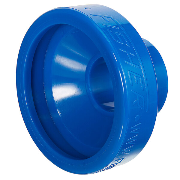 A blue plastic round object with a hole in the center.