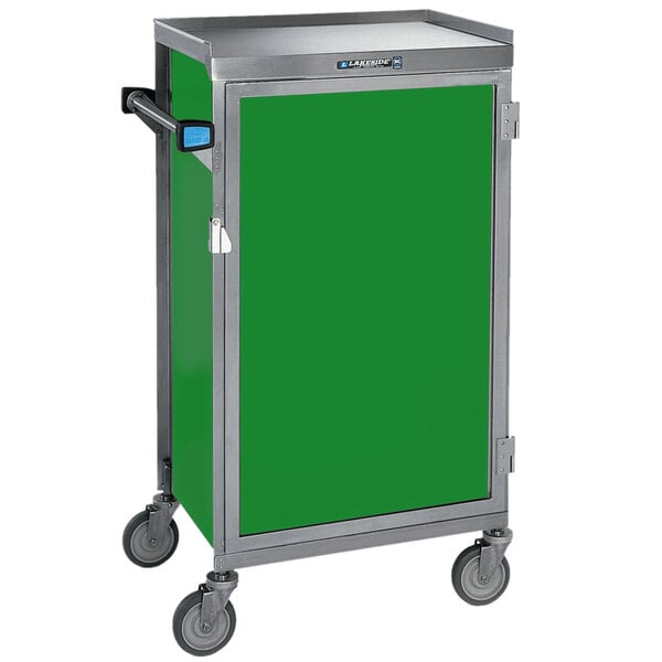 A green Lakeside meal delivery cart with wheels.