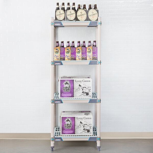 A MetroMax i polymer shelving unit with boxes and bottles on it.