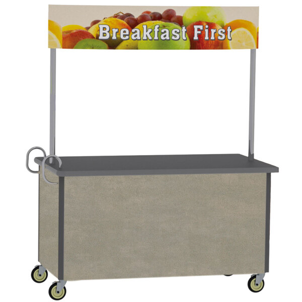 A Lakeside stainless steel vending cart with beige laminate and fruit on top.