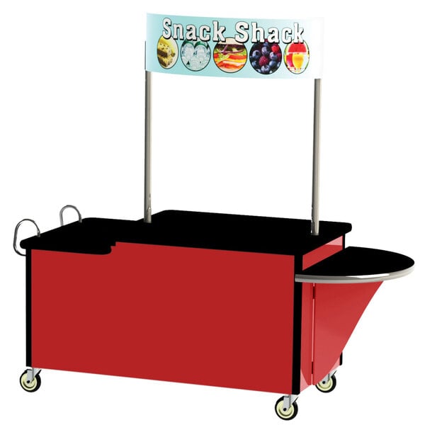 A red and stainless steel Lakeside vending cart with a sign on it.
