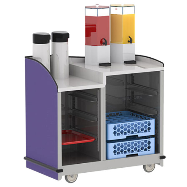 A Lakeside stainless steel full-service hydration cart with dual height top and purple finish with two compartments for bottles.