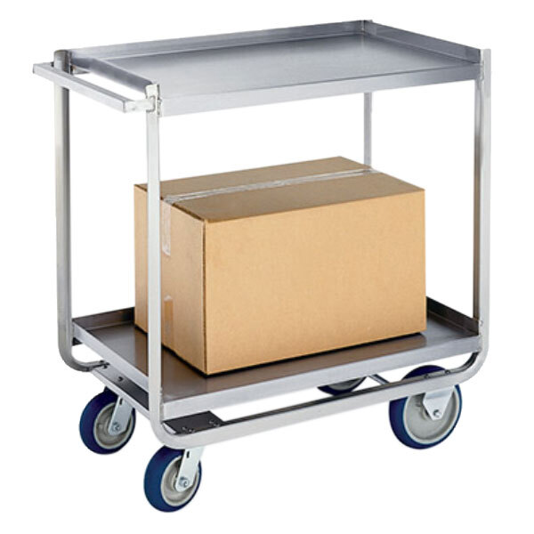 A Lakeside stainless steel utility cart with two shelves.